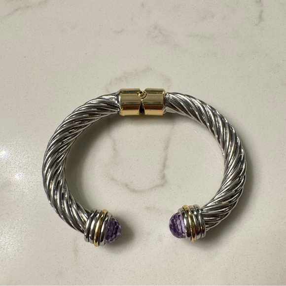 Two Tone Cable Bracelet Hinged Open Cuff with Large Purple Crystals - Picture 8 of 14